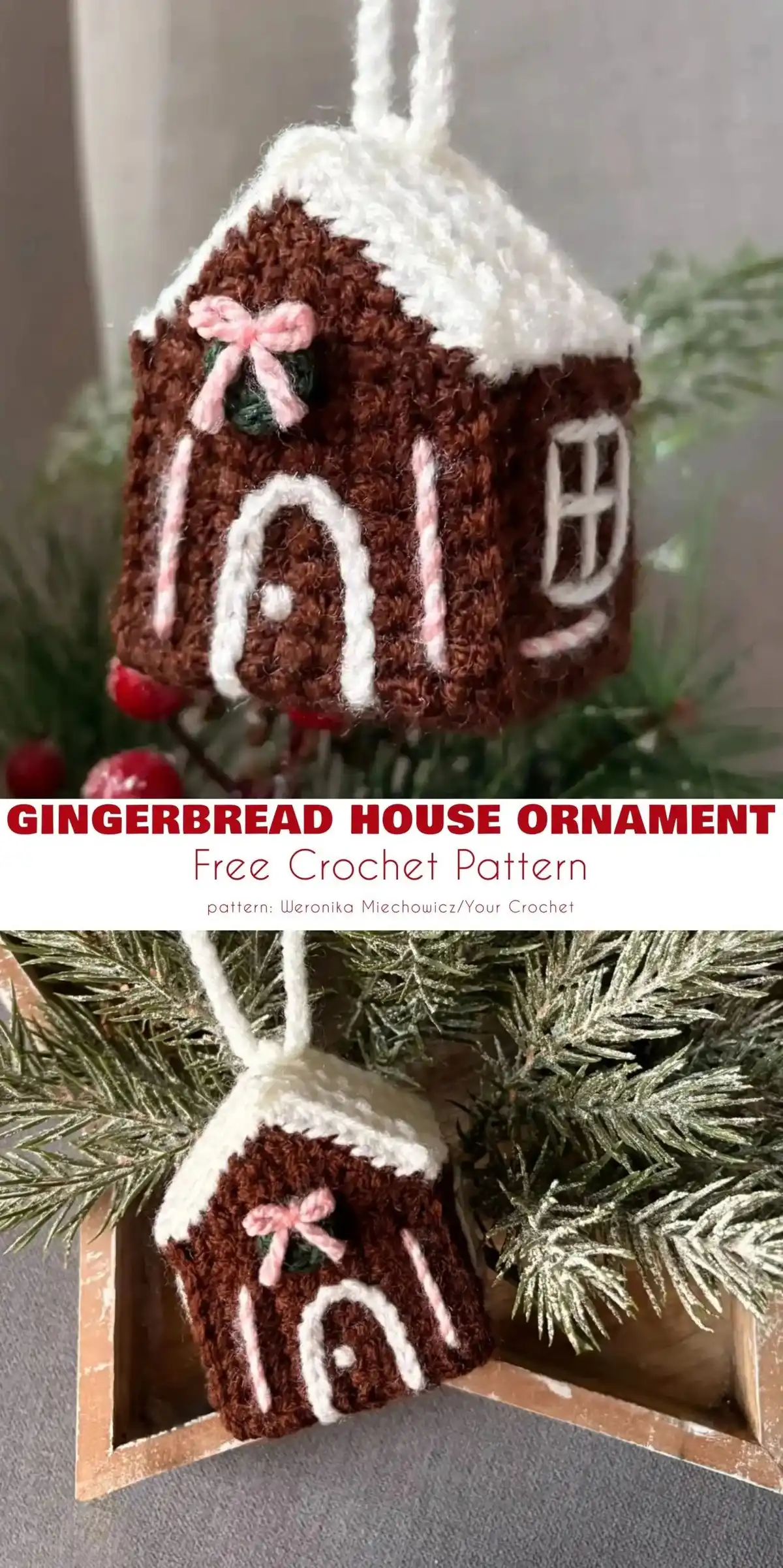 Flat crocheted gingerbread house applique with white frosting details and a small red heart.