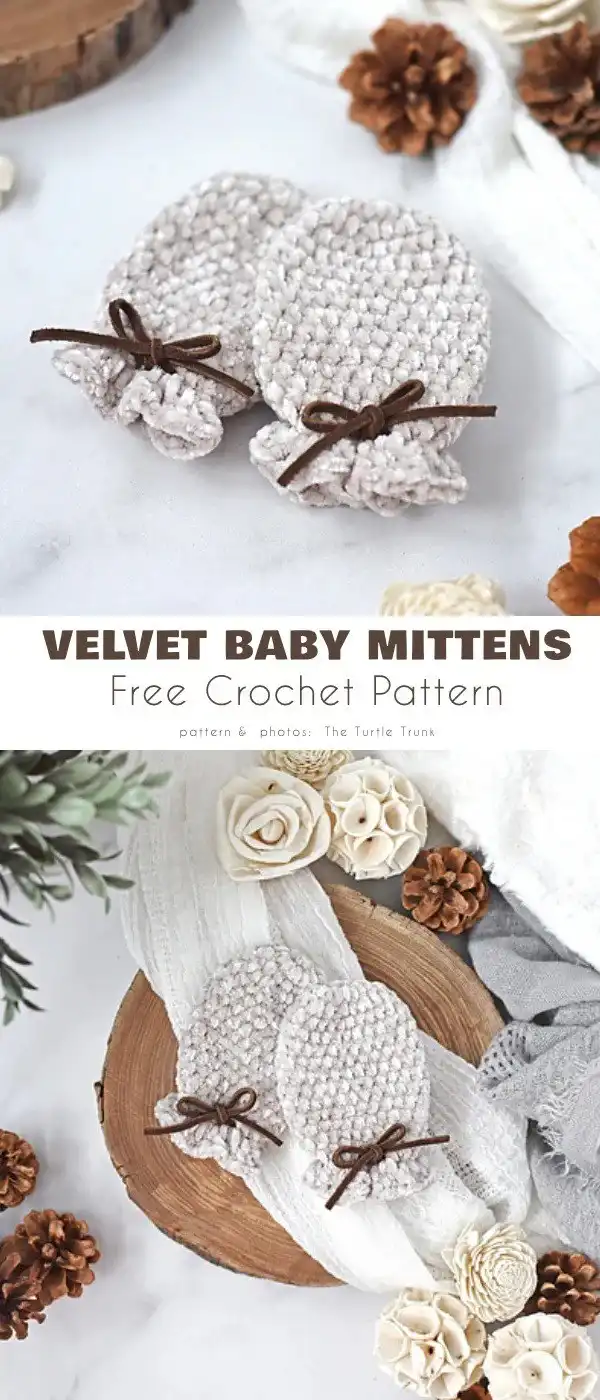 Soft, plush velvet crocheted baby mittens in a warm, cozy hue, ideal for sensitive skin (pattern 2)