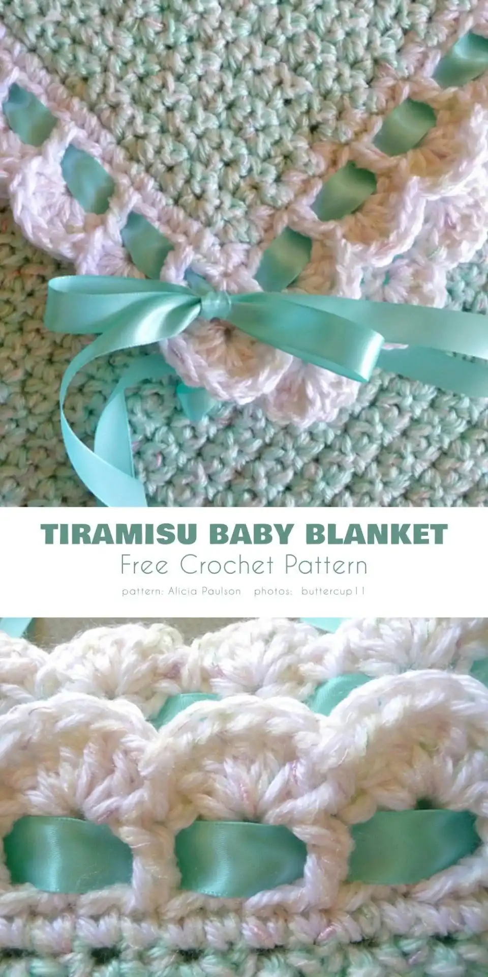 Textured photo of a light blue crocheted mesh baby blanket with an open, breathable stitch pattern