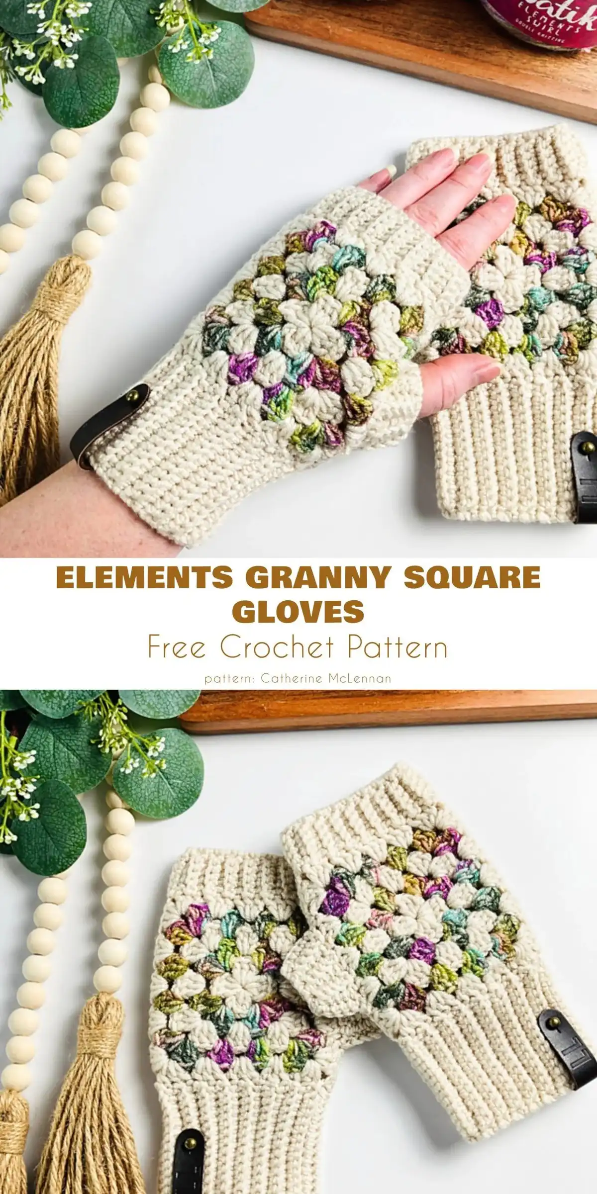 Unique Elements Granny Square crochet gloves displaying a creative combination of classic motifs.