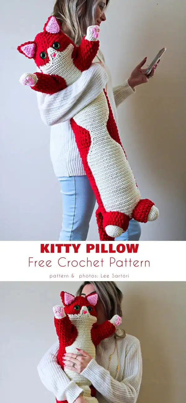 Adorable kitty pillow amigurumi draft dodger free crochet pattern, featuring a soft, cuddly design in contrasting yarn colors