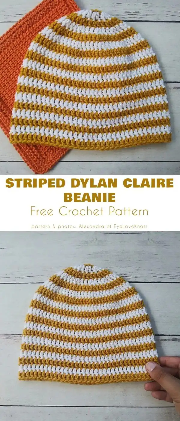 Stylish striped not-given beanie in contrasting colors, made with double crochet stitches