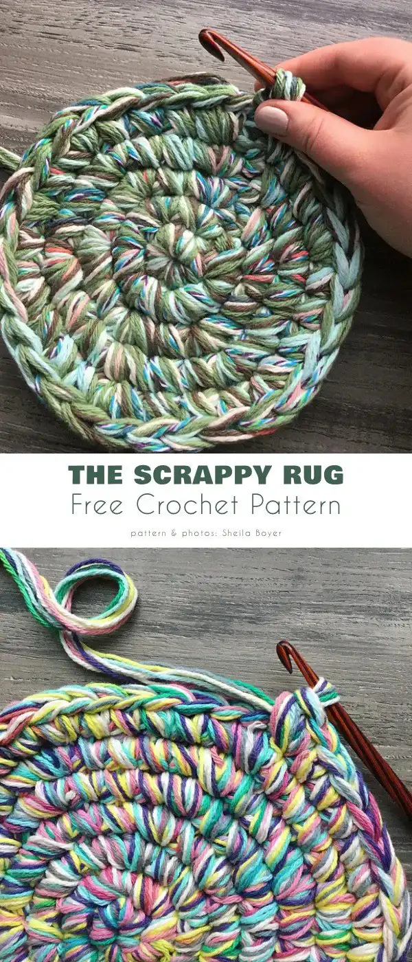 A robust 'Scrappy Rug' crocheted by holding multiple yarn strands together, showing its thick, durable, and expandable circular design.