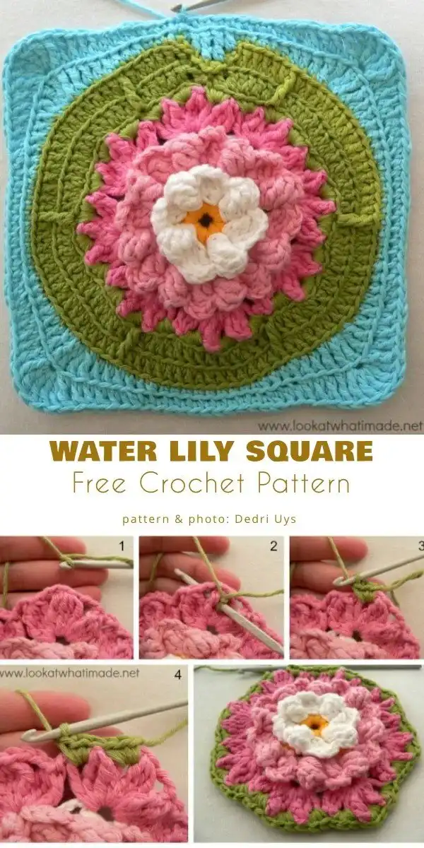Central rosette water lily crochet square for repeating patterns