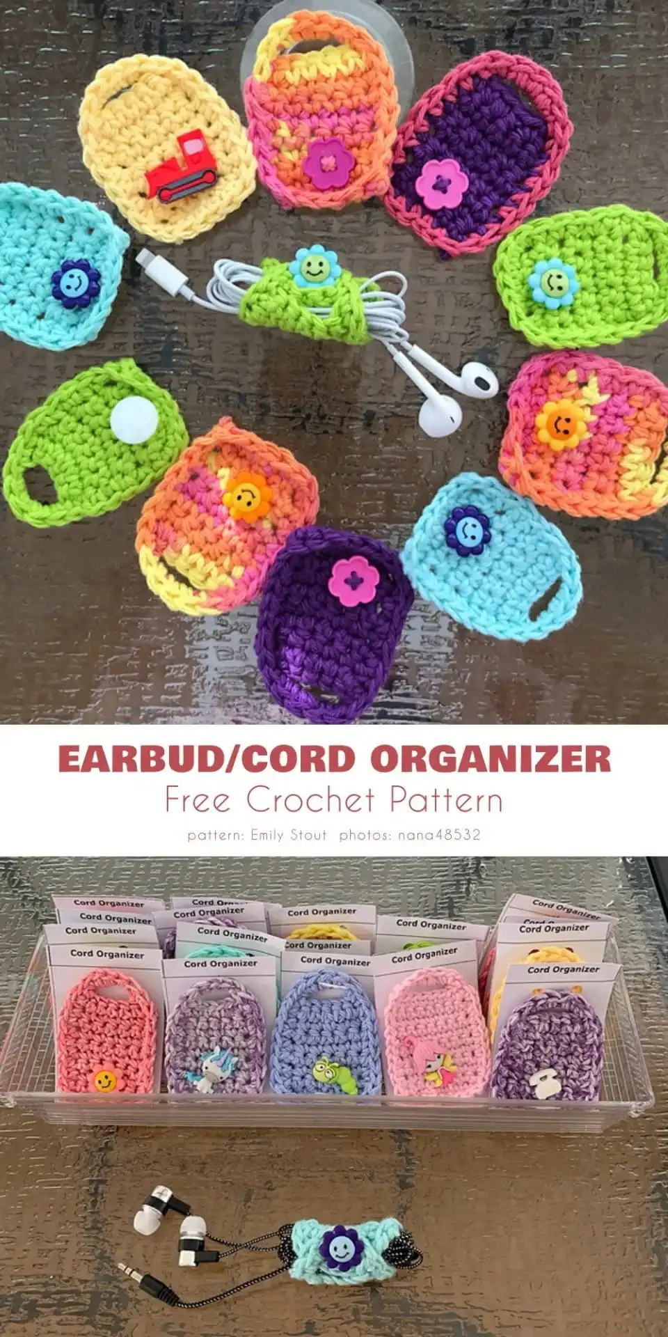 Compact crocheted earbud organizer holding a pair of headphones, made with colorful yarn
