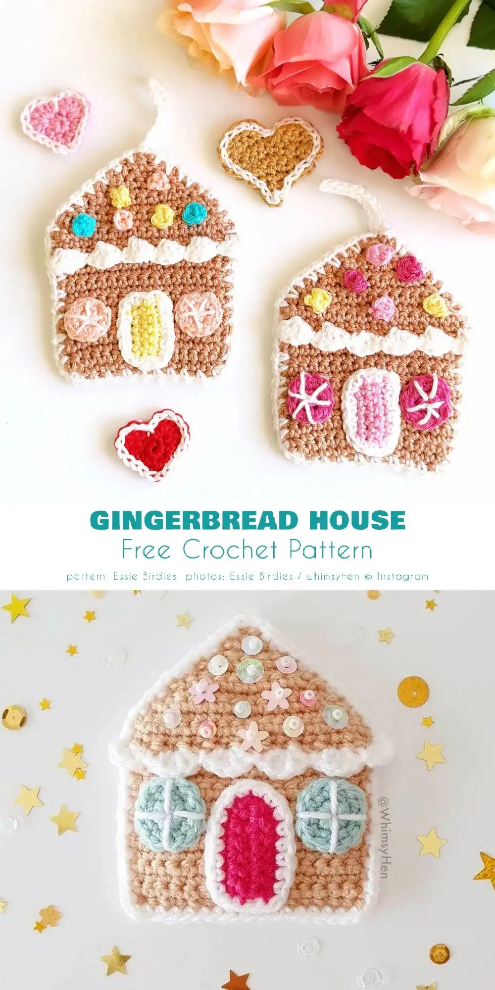 Small 3D crocheted gingerbread house ornament with a white roof, pink bow, and window details.