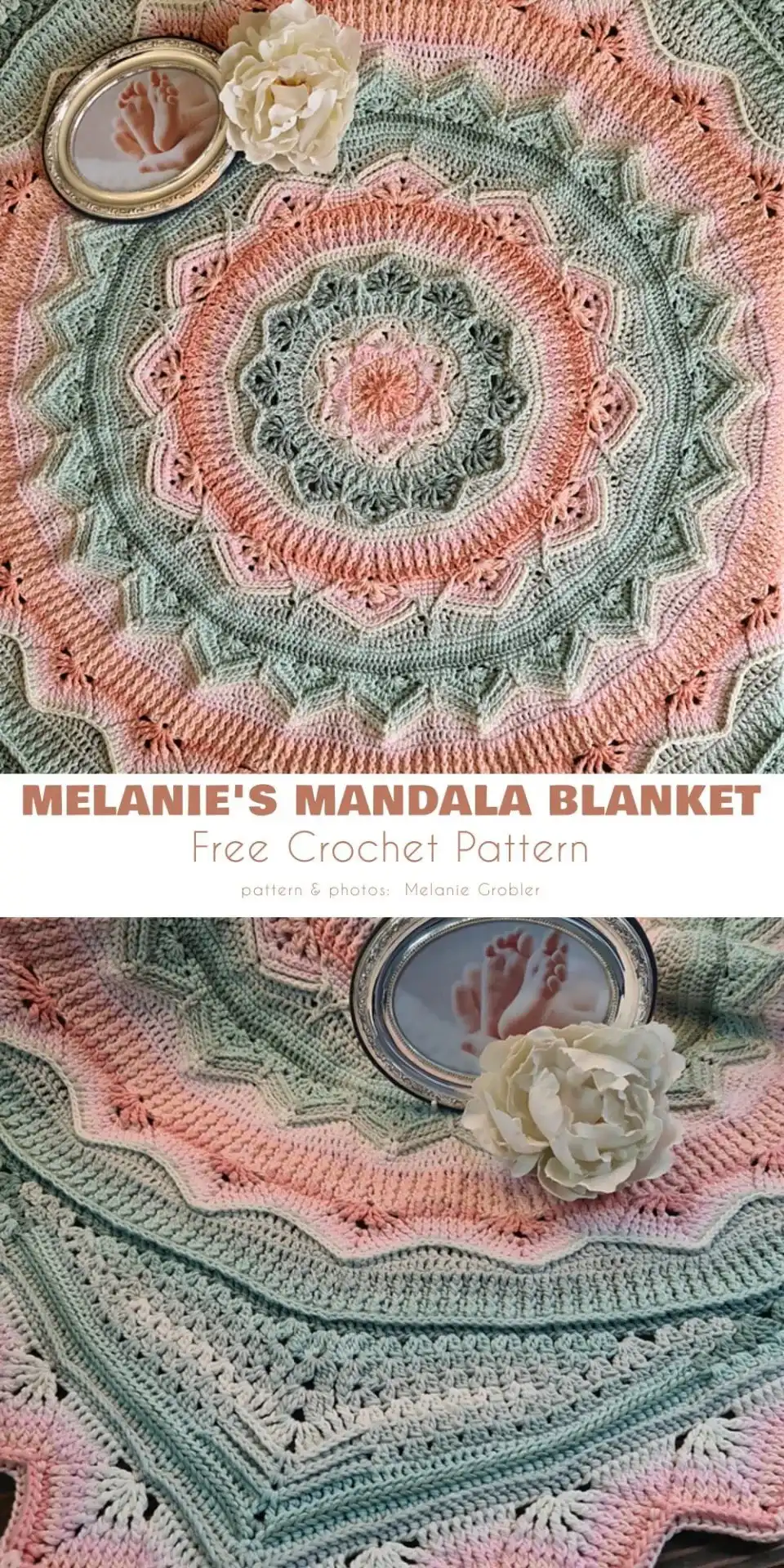 Colorful crocheted baby blanket featuring cheerful stripes in pastel pink, yellow, and blue