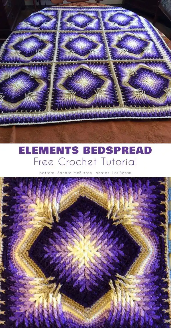 Vibrant Element CAL bedspread featuring a stunning blend of light and medium purple crochet squares.
