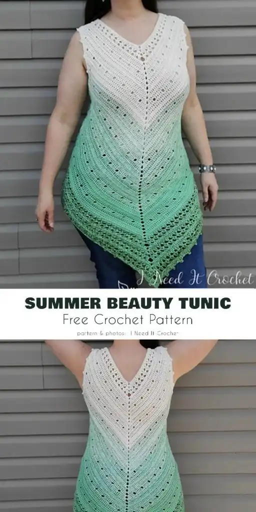 Fashionable asymmetrical hem crochet tunic worn over jeans, showing its unique modern cut