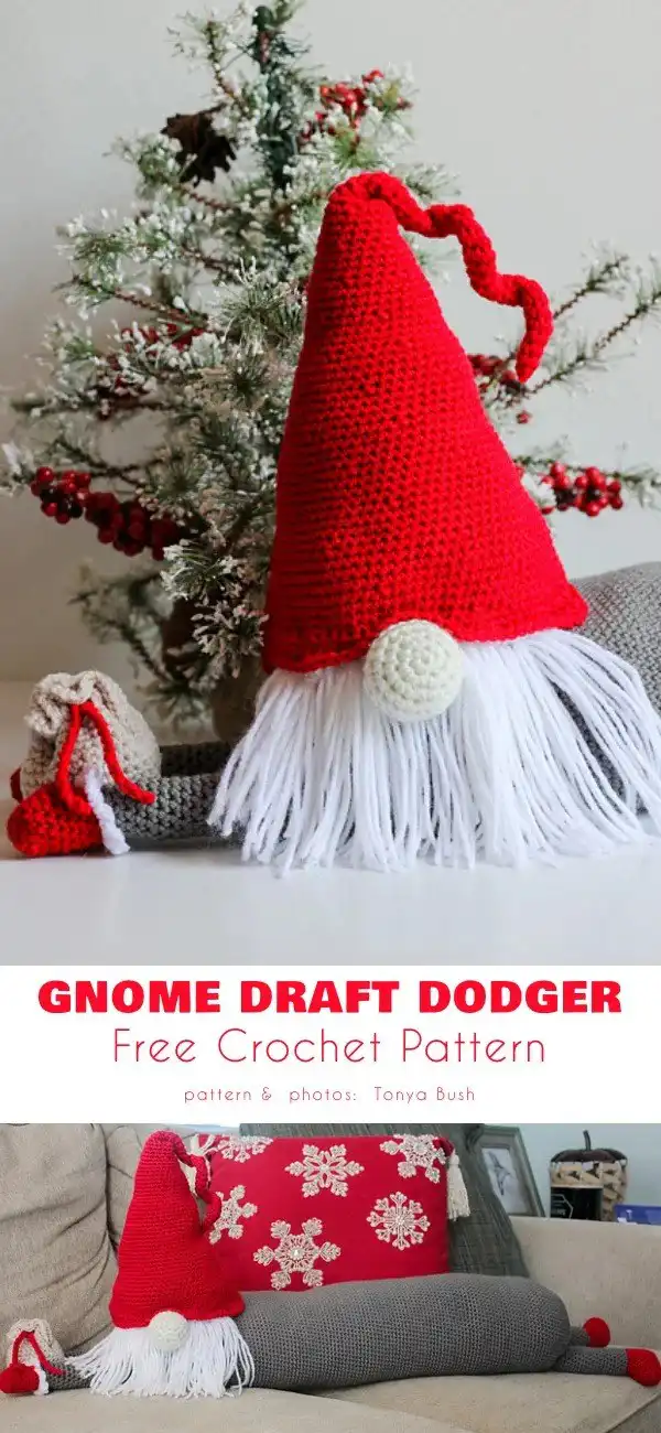 Festive gnome pillow draft dodger free crochet pattern, complete with a pointed hat and beard, ideal for holiday or seasonal home decoration
