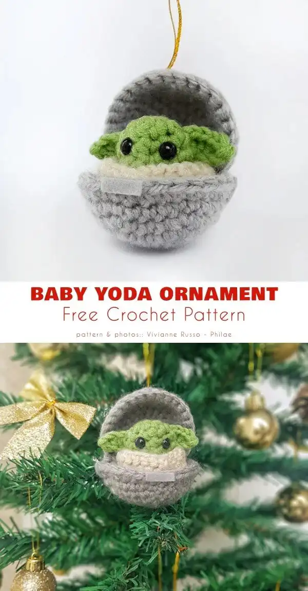 Small crocheted Baby Yoda keychain ornament inside its space pod, perfect for a subtle holiday touch.