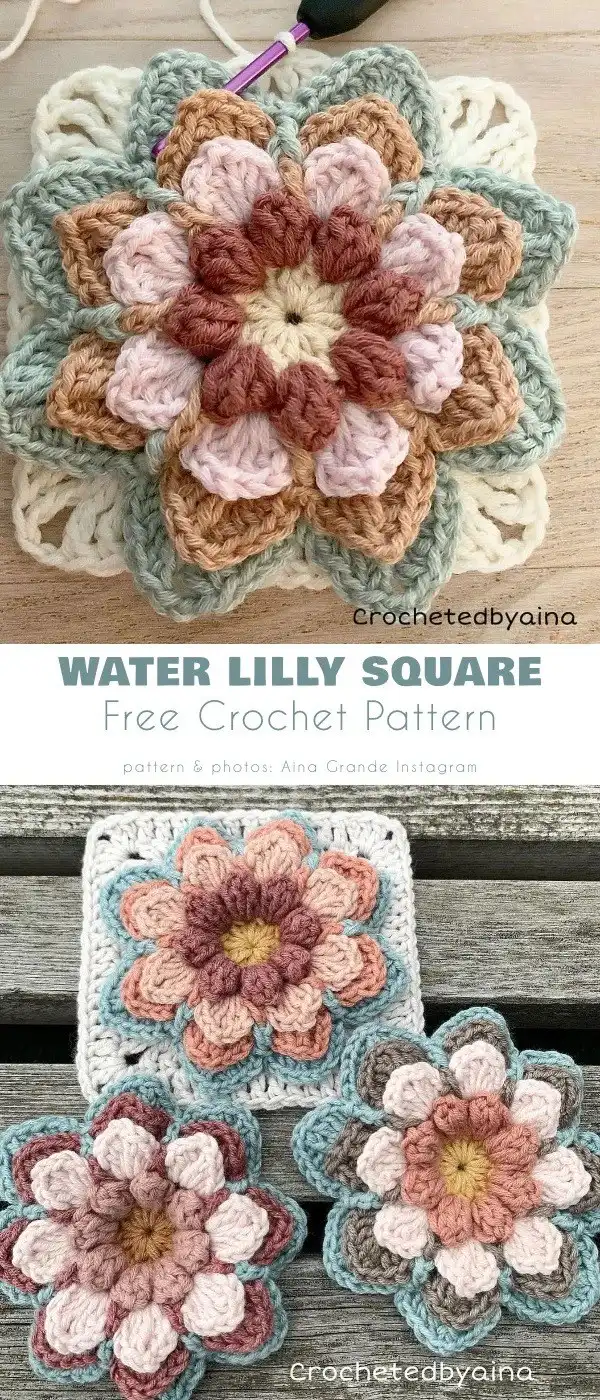 Abstract pastel water lily crochet square design by Aina Grande