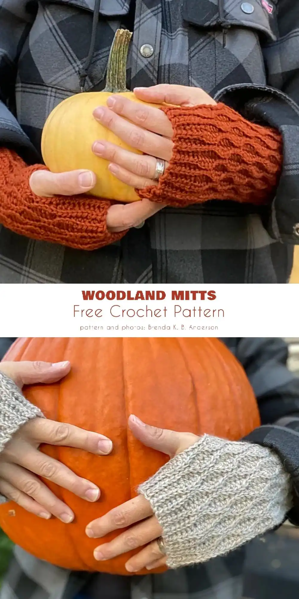 Woodland Mitts crochet pattern showcasing a tree bark-like texture, perfect for fall aesthetics.