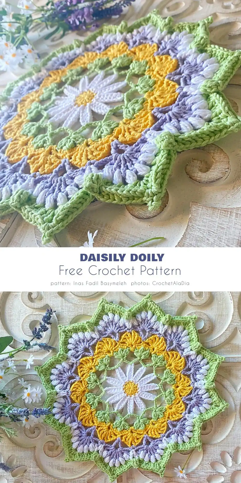 Simple white Daisily Doily Mandala with a distinct yellow daisy center