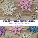 A display of five distinct lace crochet snowflake patterns, showcasing their varied delicate designs and white yarn construction.