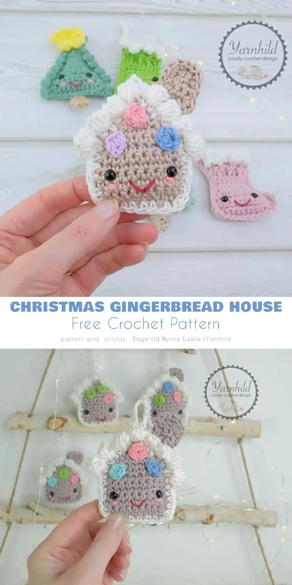 Traditional crocheted gingerbread house ornament with white roof and door details, adorned with a green sprig.