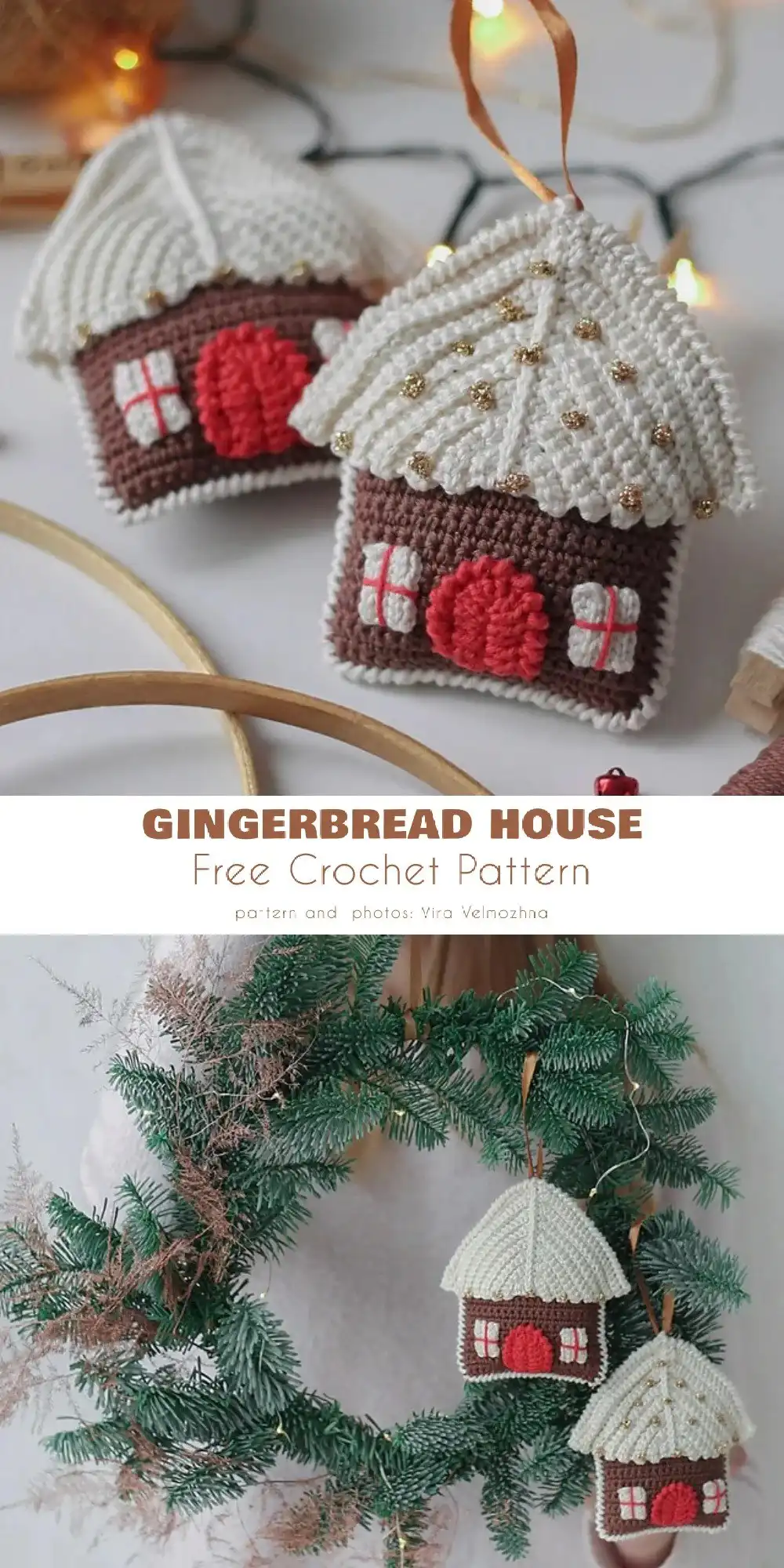 Crocheted gingerbread house ornament with Scandinavian-inspired details, light brown with white trim.