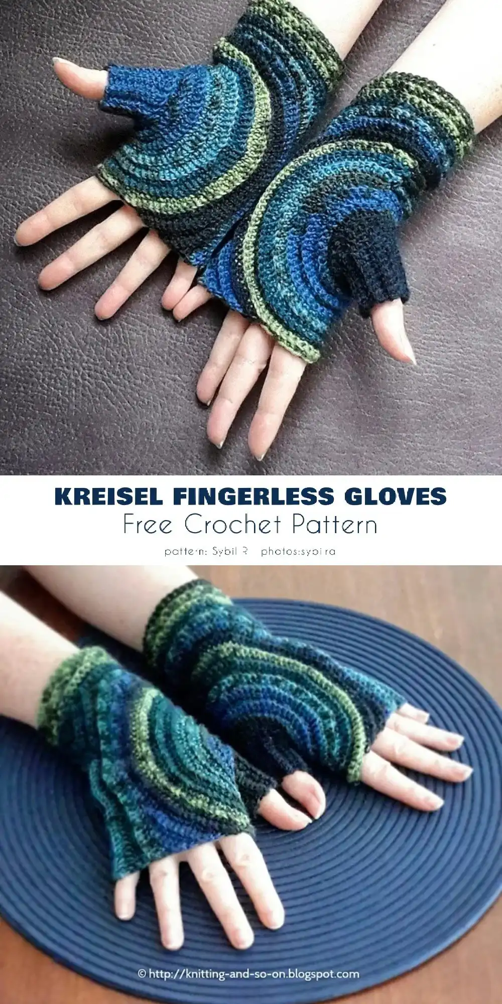 Textured Kreisel Fingerless Gloves crochet pattern, highlighting distinct thumb detailing and yarn shades.