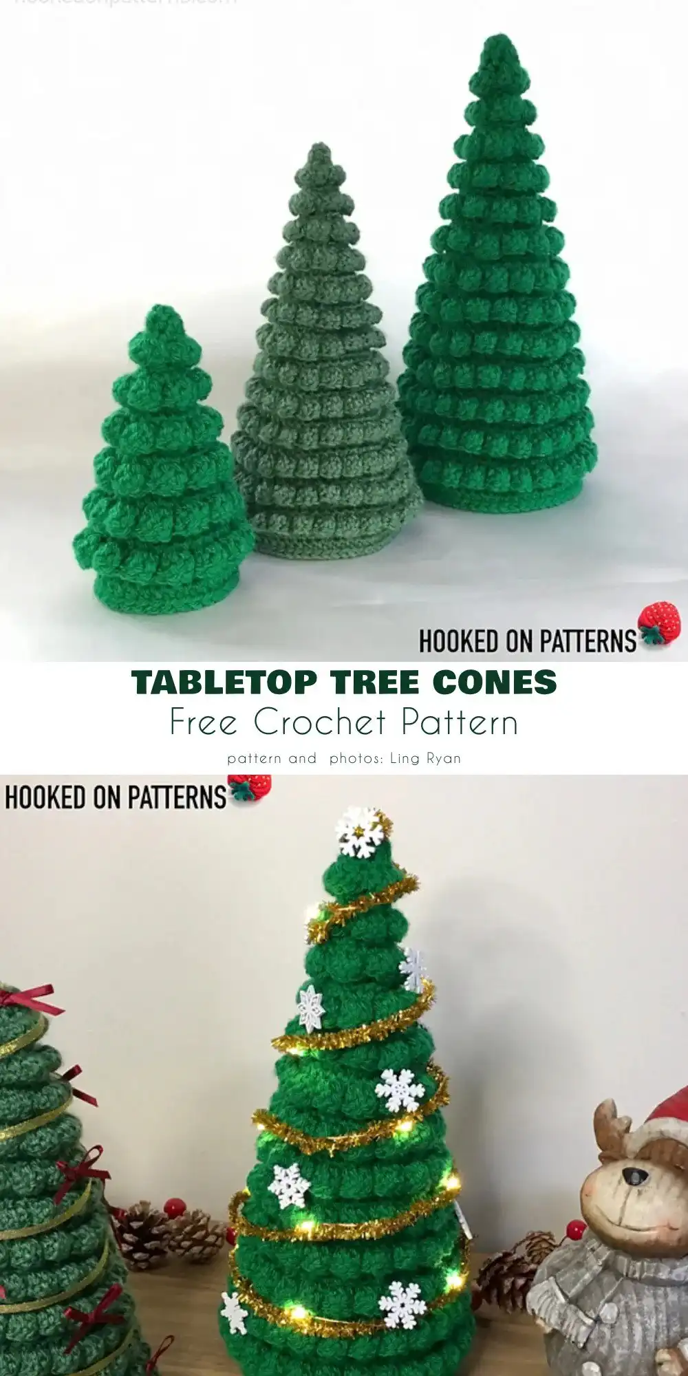 Modern spiraled cone crochet Christmas tree, unique in shape and design.