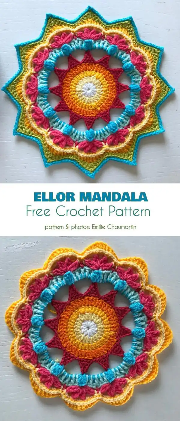 Intricate Ellor Mandala crochet pattern showcasing various color combinations