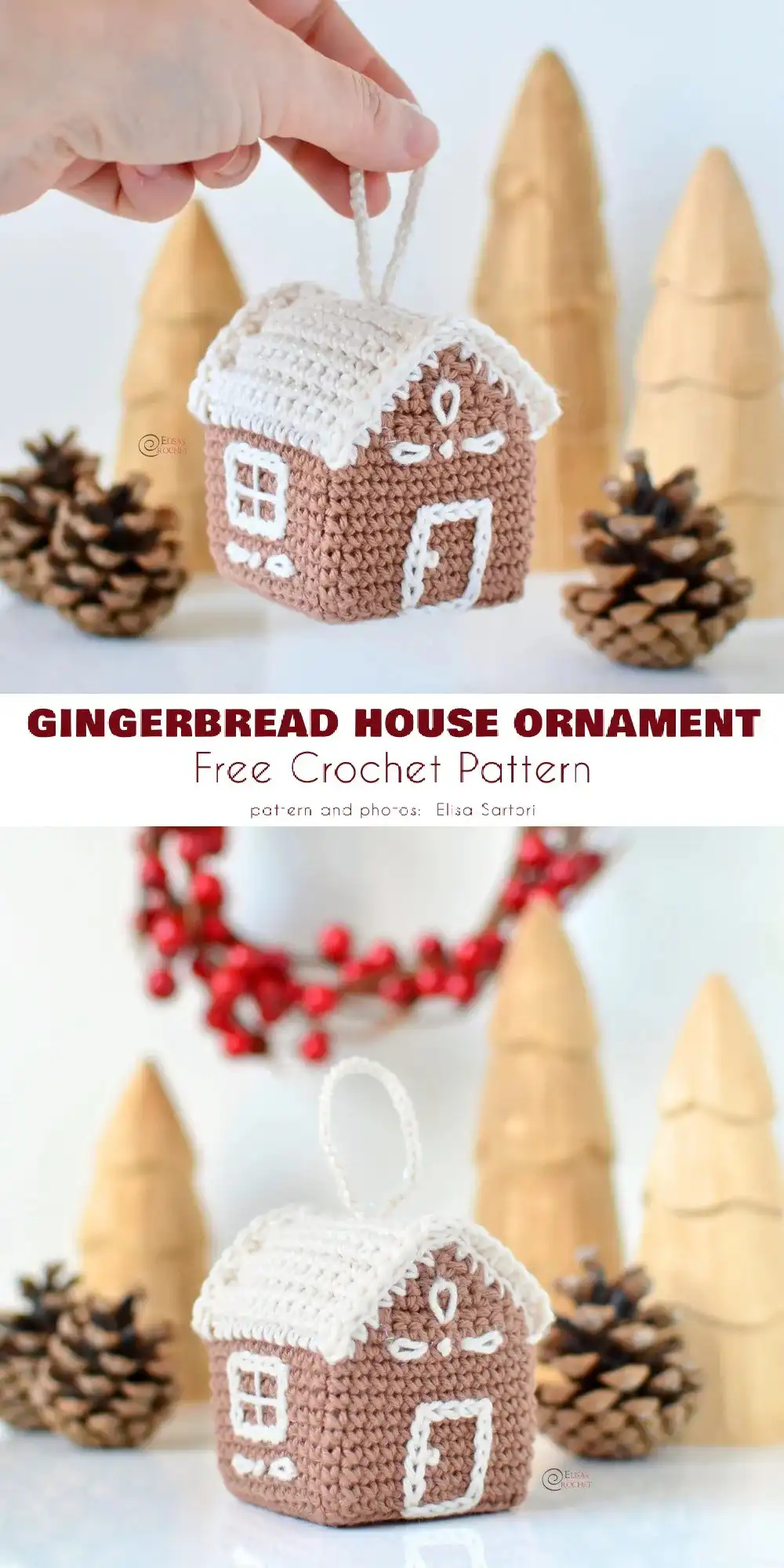 Slightly stuffed crocheted gingerbread house ornament, showcasing subtle 3D effect with white trim.