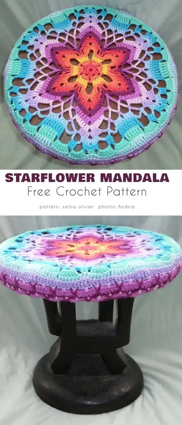 Colorful Starflower Mandala crochet project with a unique star-like floral design