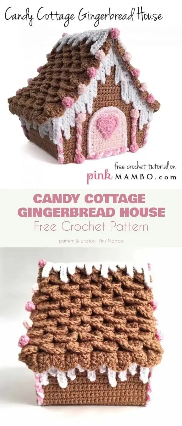 Cozy crocheted gingerbread house ornament with clear window details and a textured roof.