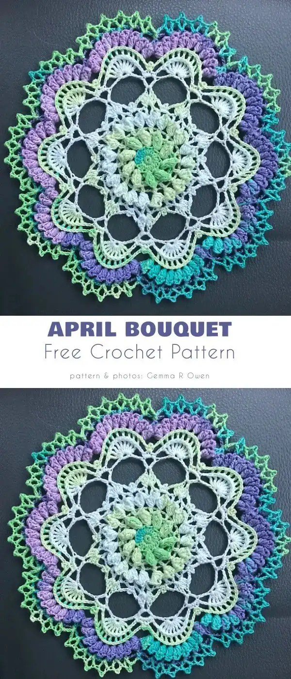 Delicate and airy April Bouquet Mandala crochet pattern in soft pastel hues