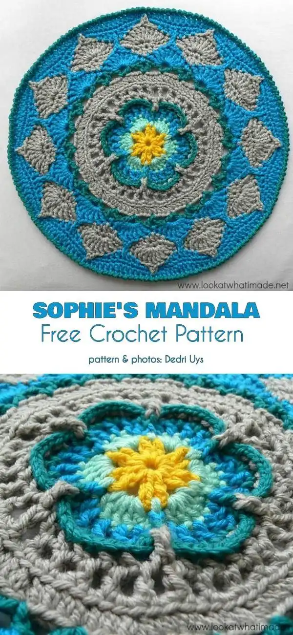 Sophie&#039s Mandala crochet pattern featuring radial lotus-flower shaped rays in blue tones