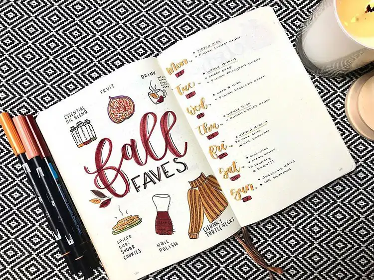 Fall Faves doodle page surrounded by various fall leaves and autumn items for November bullet journal inspiration