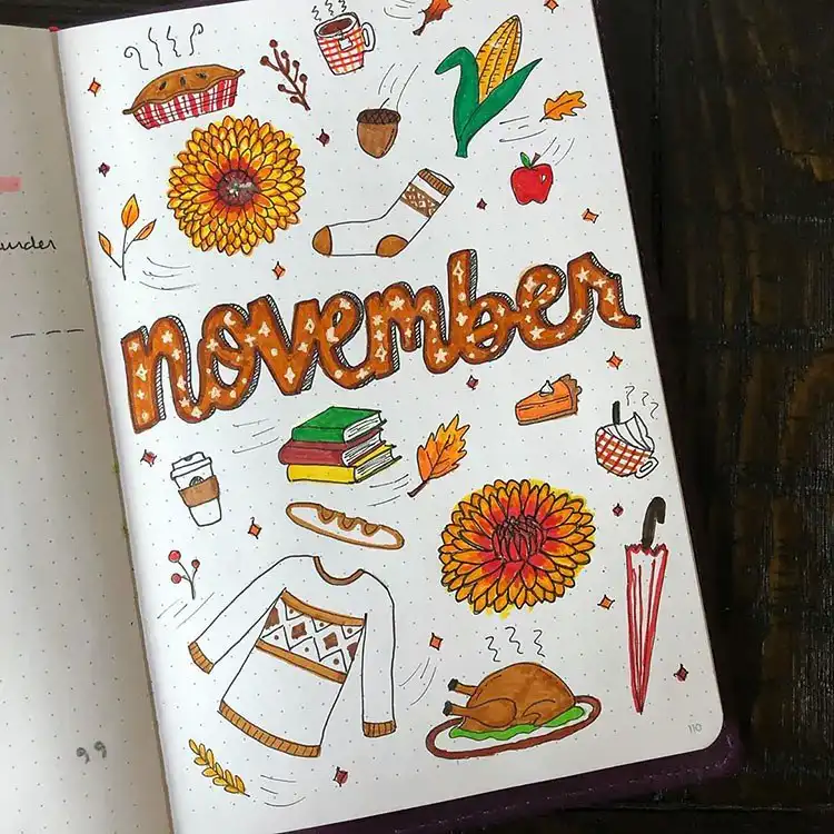 Detailed fall cover page featuring sweaters, homemade pies, socks, corn, hot tea, and Thanksgiving elements