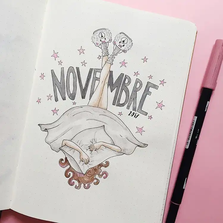 Creative November doodles spread where each day is represented by a small, unique drawing