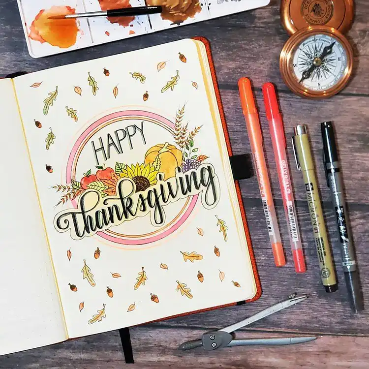 Pink and green floral design for a November bullet journal cover, adaptable with fall-colored leaves