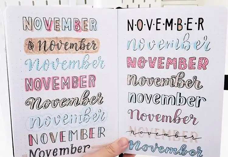 Variety of November header styles, showing different fonts and decorative elements for bullet journal titles