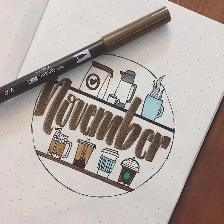 Illustration of hot and cold coffee drinks on shelves, perfect for a coffee-themed November bullet journal cover