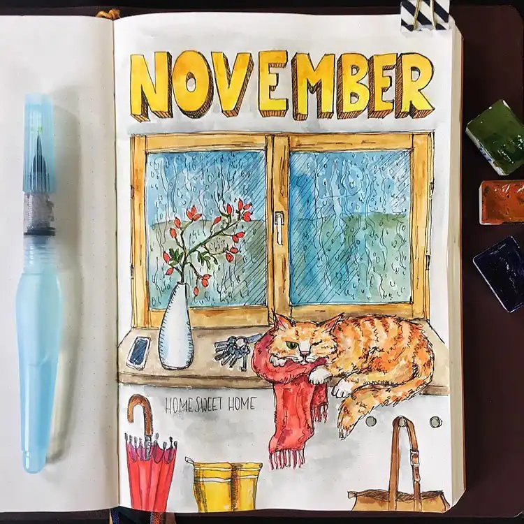 Artistic drawing of a cat laying on a window seat with a scarf, overlooking a rainy day, for a cozy November theme