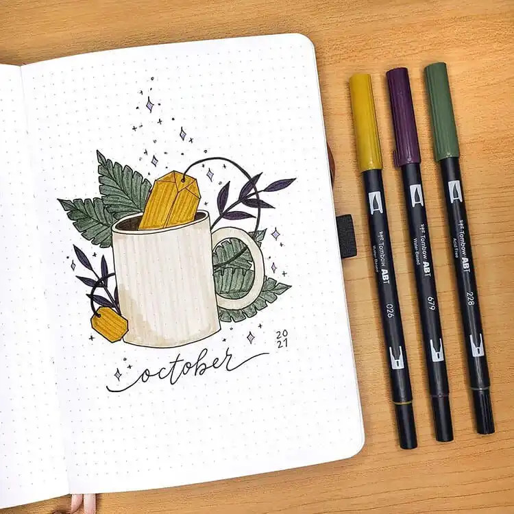 October bullet journal cover page depicting the 8 lunar phases with beautiful colors and an aesthetic layout.