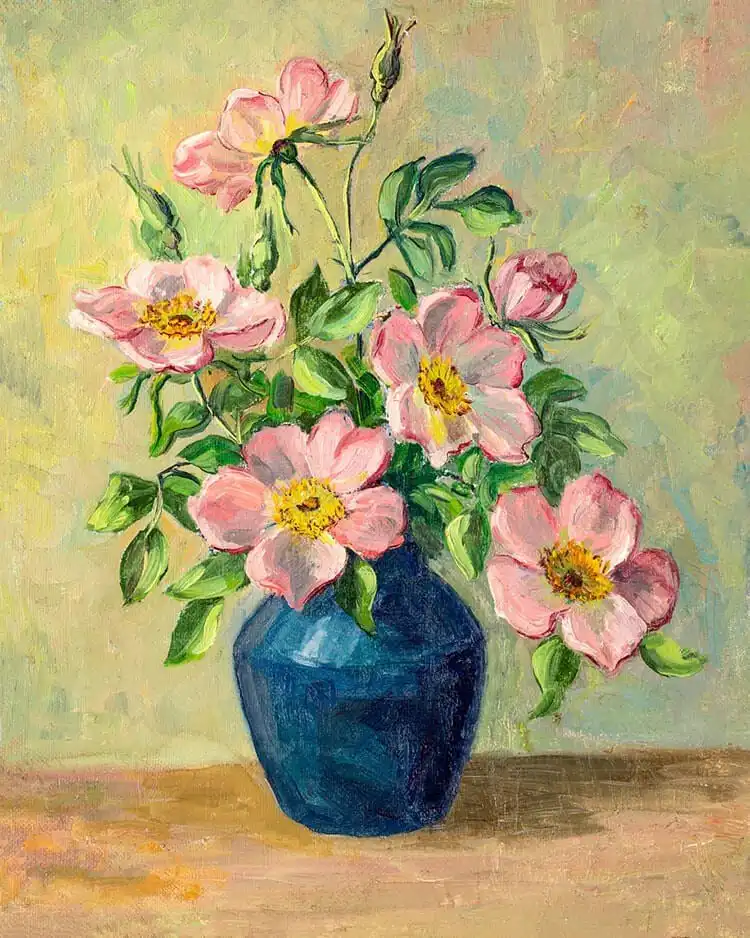 A vintage-style floral oil painting, showcasing classic techniques and palettes for Oil Painting for Beginners.