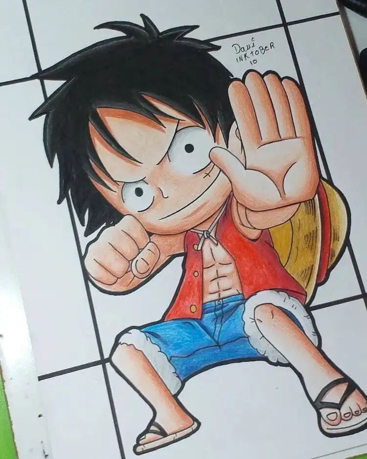 Sketch of Monkey D. Luffy raising his hand assertively, a powerful pose for drawing.