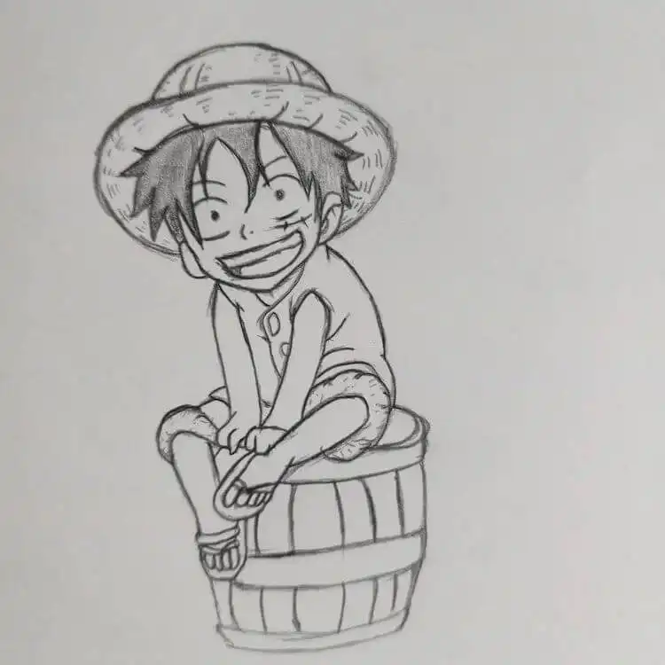 Drawing of young Monkey D. Luffy during his childhood, capturing his innocent yet determined look.