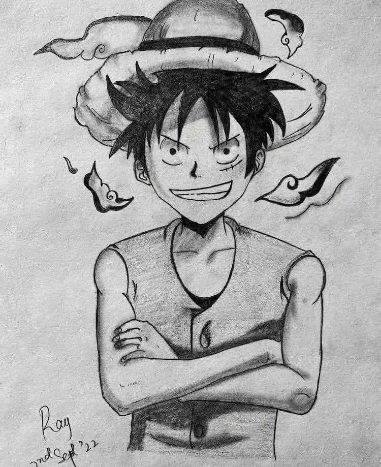 Detailed shaded drawing of Monkey D. Luffy, emphasizing light and shadow for three-dimensional form.