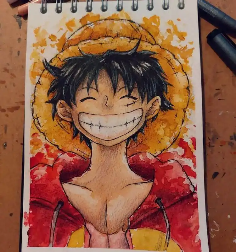 Vibrant watercolor painting of Monkey D. Luffy, using fluid techniques for an energetic feel.