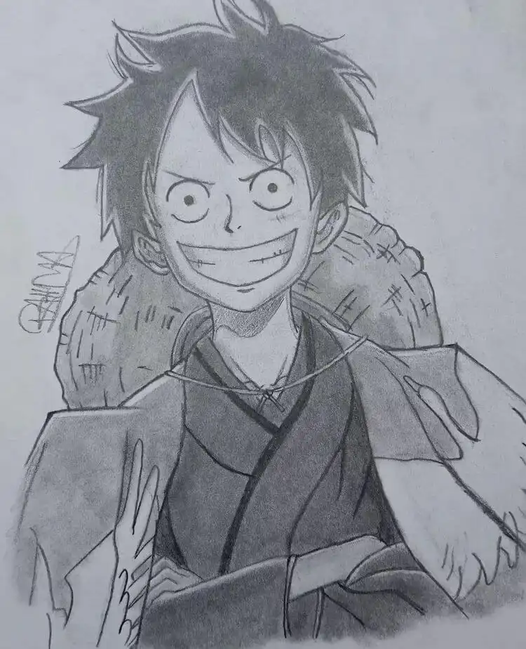 Drawing of Monkey D. Luffy without his straw hat, highlighting his facial features and scar.