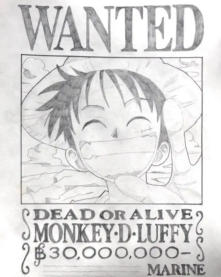 Artistic rendition of Monkey D. Luffy's wanted poster, complete with bounty details and a defiant pose.