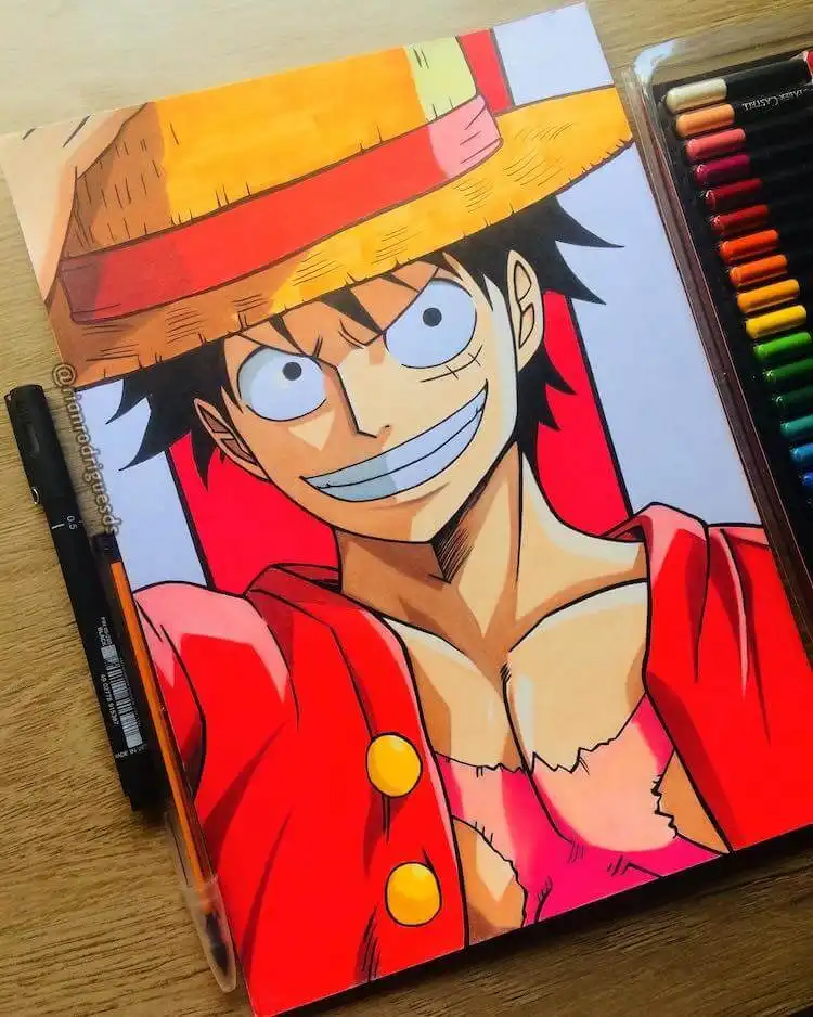 Marker art illustration of Monkey D. Luffy, featuring bold lines and flat, vibrant colors.