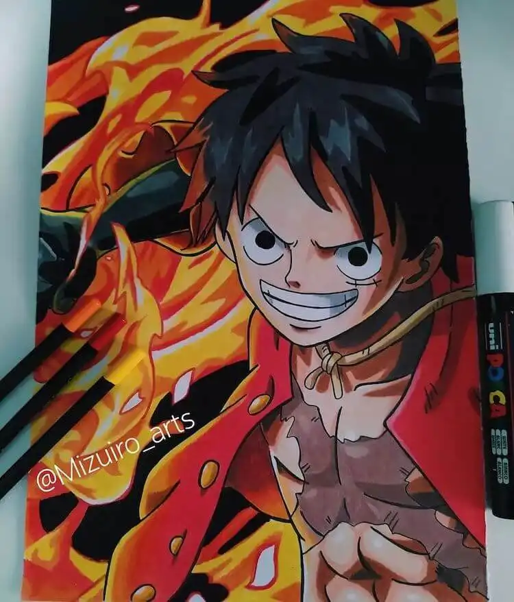 Illustration of Monkey D. Luffy with dramatic fire effects surrounding him, symbolizing intensity.