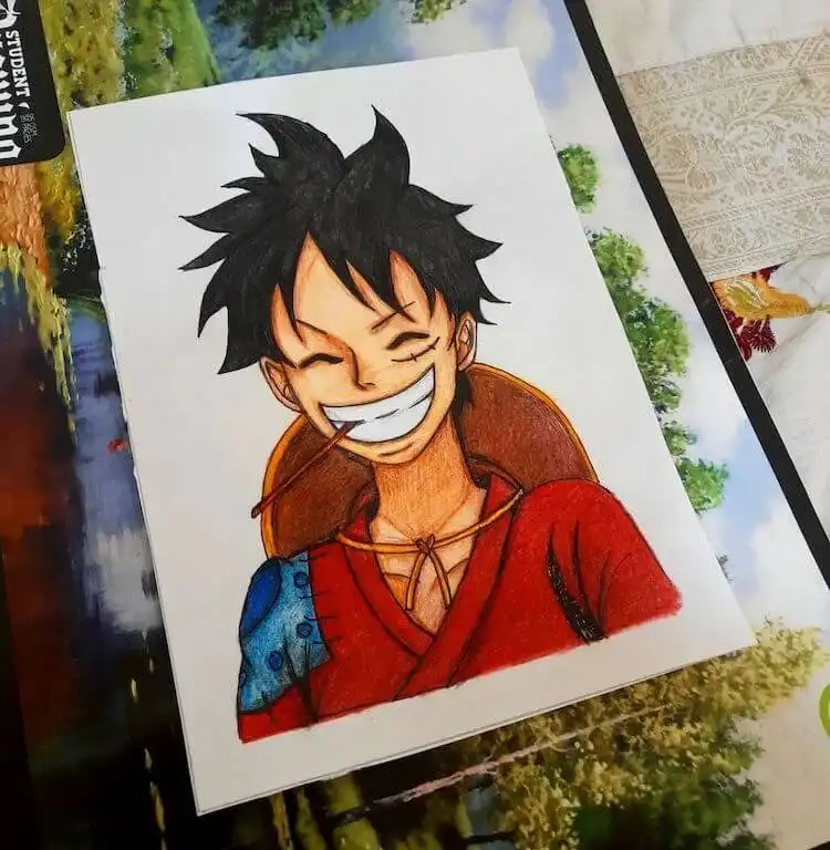 Detailed drawing of Monkey D. Luffy's joyful, wide smile, capturing his cheerful personality.
