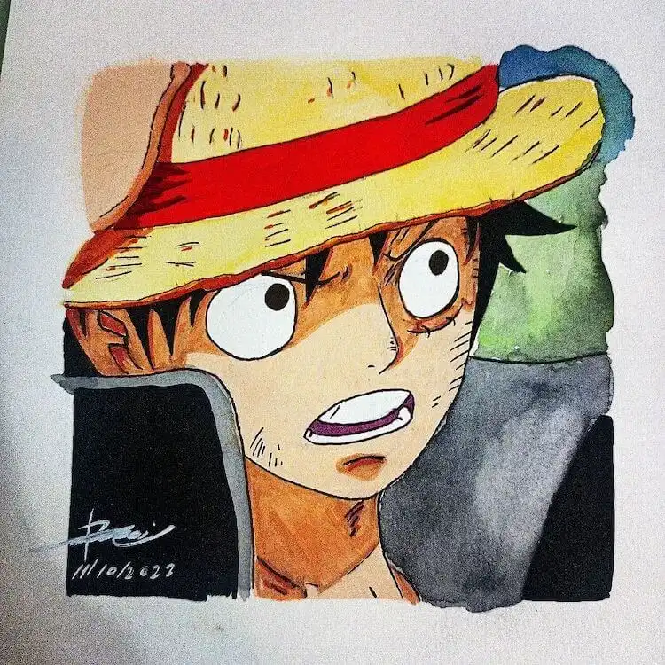 Artistic rendition of Monkey D. Luffy with a confused expression, highlighting his humorous side.