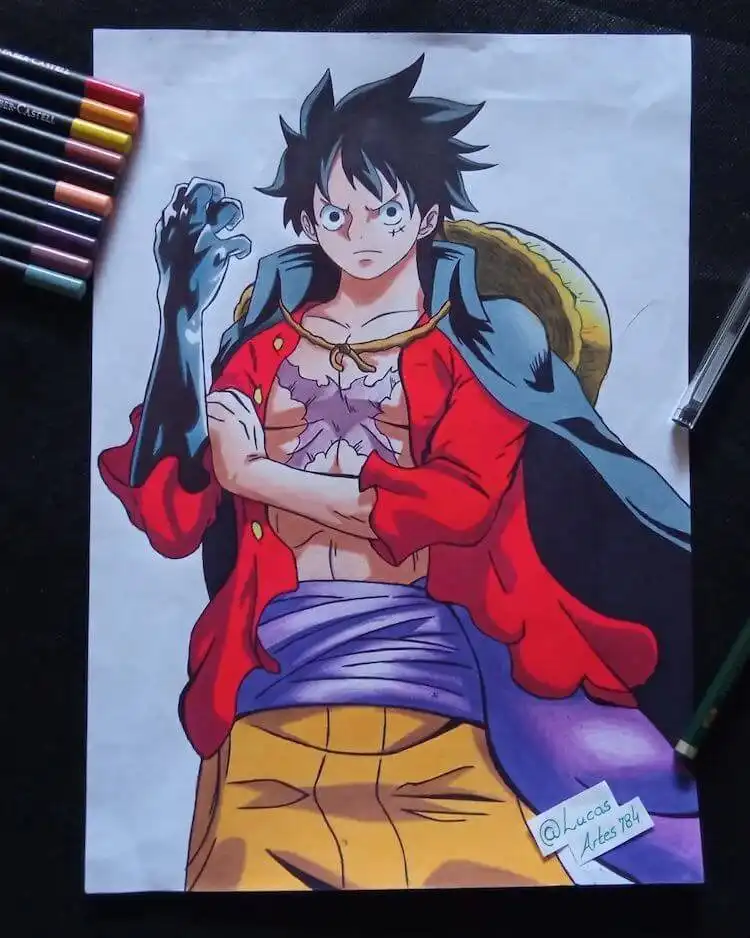Dynamic drawing of Monkey D. Luffy with an enlarged, metal-like fist, showcasing his Gear abilities.