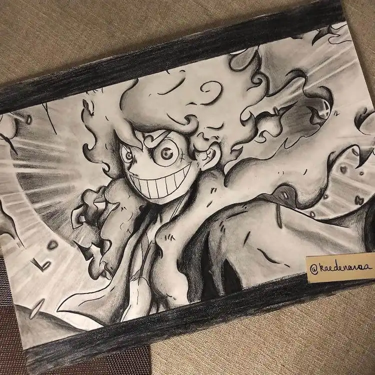 Monochrome sketch of Monkey D. Luffy, focusing on shadows and highlights for dramatic effect.
